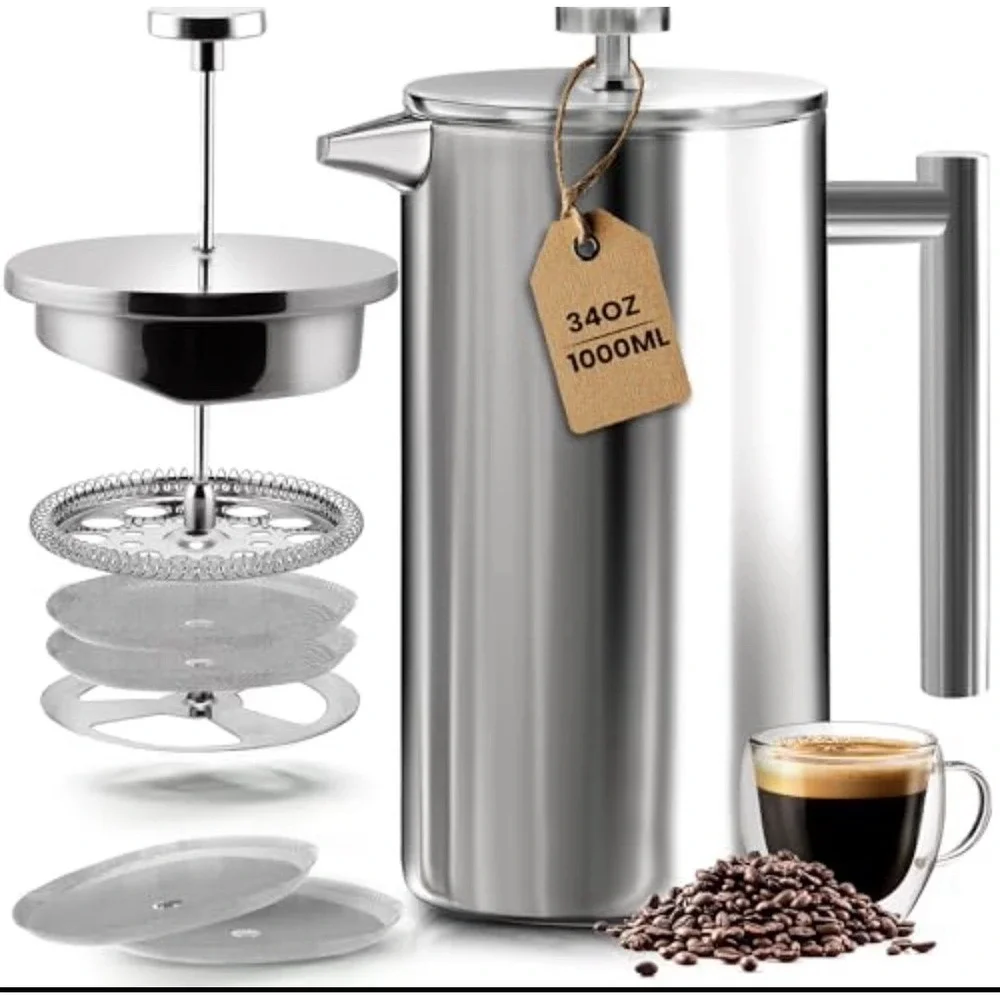 Utopia Kitchen Stainless Steel French Press Coffee Maker 34 Oz 1 Litre